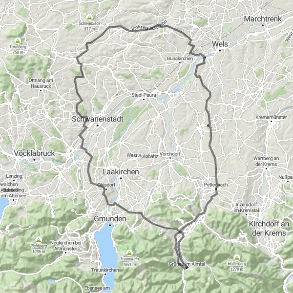 Miniatura della mappa di ispirazione al ciclismo "Tour delle Colline di Almtal" nella regione di Oberösterreich, Austria. Generata da Tarmacs.app, pianificatore di rotte ciclistiche