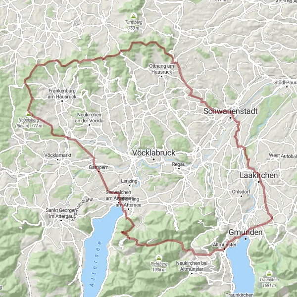 Kartminiatyr av "Eventyrlige grusveier i Gmunden og Attersee-området" sykkelinspirasjon i Oberösterreich, Austria. Generert av Tarmacs.app sykkelrutoplanlegger
