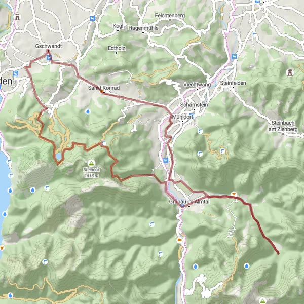 Miniatura della mappa di ispirazione al ciclismo "Escursione in gravel da Scharnstein a Gschwandt" nella regione di Oberösterreich, Austria. Generata da Tarmacs.app, pianificatore di rotte ciclistiche