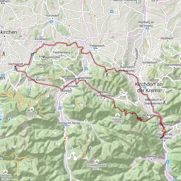 Map miniature of "Oberösterreich Gravel" cycling inspiration in Oberösterreich, Austria. Generated by Tarmacs.app cycling route planner