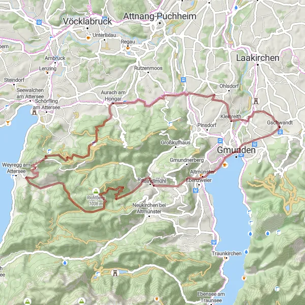 Miniatura della mappa di ispirazione al ciclismo "Il Tour dei Castelli e dei Laghi" nella regione di Oberösterreich, Austria. Generata da Tarmacs.app, pianificatore di rotte ciclistiche