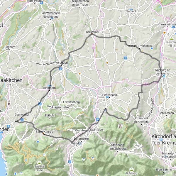 Miniatua del mapa de inspiración ciclista "Excursión en Carretera por Gschwandt" en Oberösterreich, Austria. Generado por Tarmacs.app planificador de rutas ciclistas