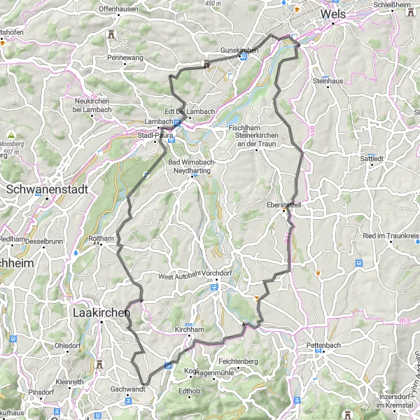 Zemljevid v pomanjšavi "Čudovita kolesarska tura skozi slikovite vasice in mesteca v okolici Gschwandta" kolesarske inspiracije v Oberösterreich, Austria. Generirano z načrtovalcem kolesarskih poti Tarmacs.app