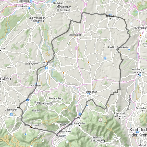 Miniature de la carte de l'inspiration cycliste "Parcours routier à travers les villages autrichiens" dans la Oberösterreich, Austria. Générée par le planificateur d'itinéraire cycliste Tarmacs.app
