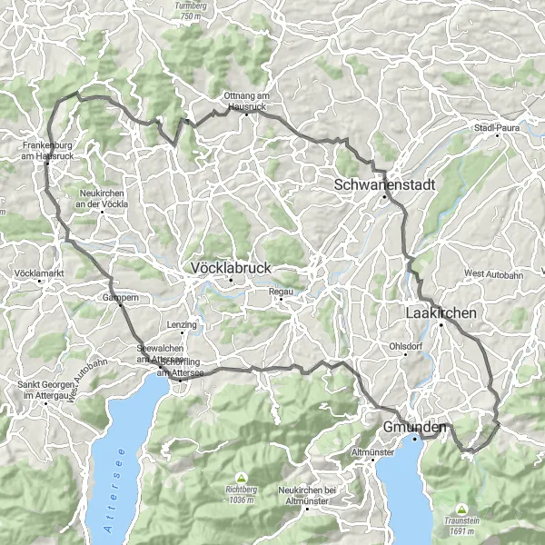 Karttaminiaatyyri "Gmunden - Webergrub maantiekiertue" pyöräilyinspiraatiosta alueella Oberösterreich, Austria. Luotu Tarmacs.app pyöräilyreittisuunnittelijalla