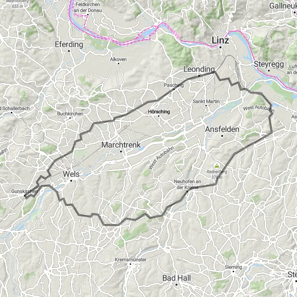 Miniaturní mapa "Cyklistická trasa kolem Gunskirchenu" inspirace pro cyklisty v oblasti Oberösterreich, Austria. Vytvořeno pomocí plánovače tras Tarmacs.app