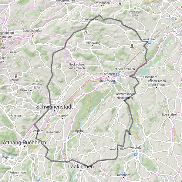 Miniaturní mapa "Cyklo okruh kolem Bad Wimsbach-Neydhartingu" inspirace pro cyklisty v oblasti Oberösterreich, Austria. Vytvořeno pomocí plánovače tras Tarmacs.app