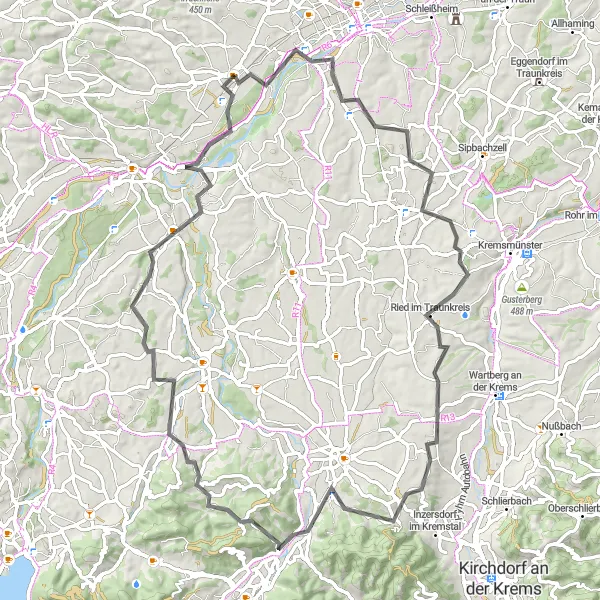 Miniature de la carte de l'inspiration cycliste "Le Tour des Collines de Haute-Autriche" dans la Oberösterreich, Austria. Générée par le planificateur d'itinéraire cycliste Tarmacs.app