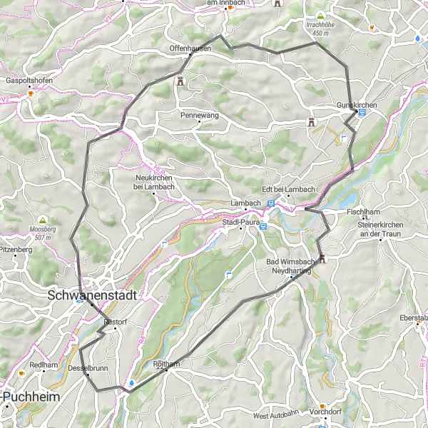 Miniature de la carte de l'inspiration cycliste "Le Tour du Lac Pram" dans la Oberösterreich, Austria. Générée par le planificateur d'itinéraire cycliste Tarmacs.app
