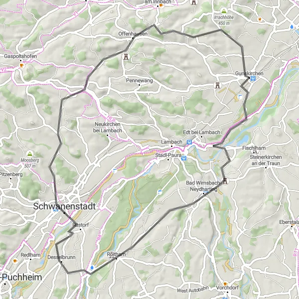 Kartminiatyr av "Gunskirchen - Bad Wimsbach-Neydharting - Schwanenstadt - Bachmanning - Ströblberg - Gunskirchen" sykkelinspirasjon i Oberösterreich, Austria. Generert av Tarmacs.app sykkelrutoplanlegger