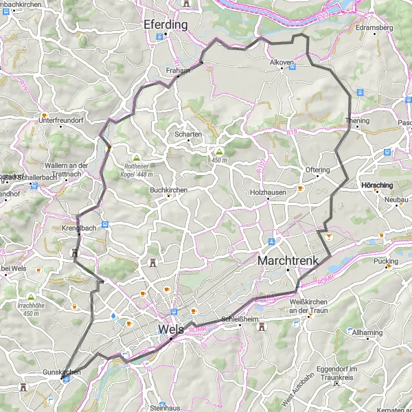 Miniaturní mapa "Koleje kolem Gunskirchenu" inspirace pro cyklisty v oblasti Oberösterreich, Austria. Vytvořeno pomocí plánovače tras Tarmacs.app