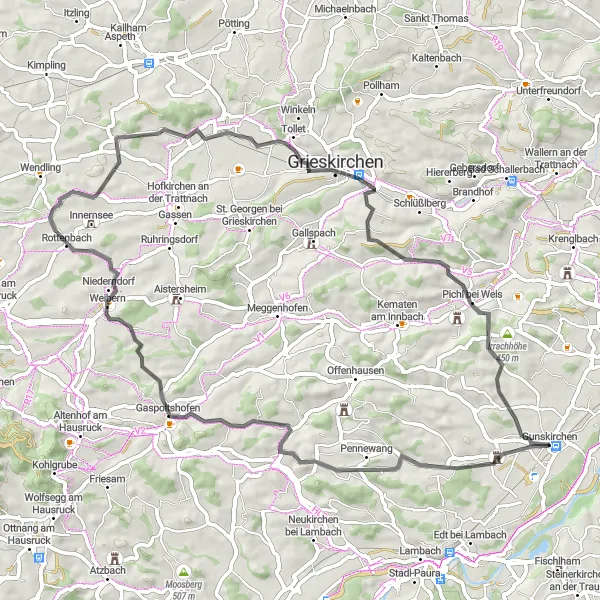 Miniaturní mapa "Okružní cyklistická trasa z Gunskirchenu" inspirace pro cyklisty v oblasti Oberösterreich, Austria. Vytvořeno pomocí plánovače tras Tarmacs.app