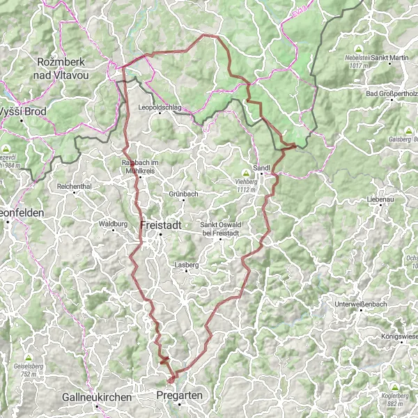 Miniatura della mappa di ispirazione al ciclismo "Esplorazione Gravel fino a Schloss Hagenberg" nella regione di Oberösterreich, Austria. Generata da Tarmacs.app, pianificatore di rotte ciclistiche