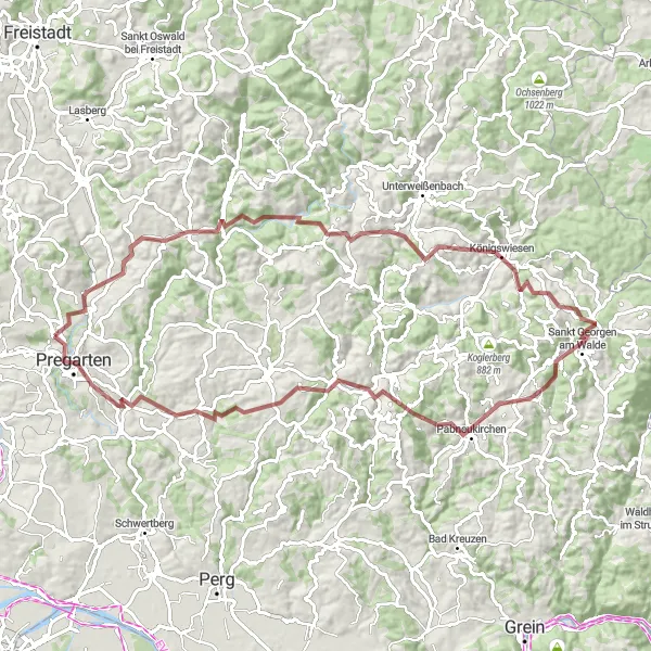 Miniatuurkaart van de fietsinspiratie "Avontuurlijke gravelrit door Burgruine Prandegg en Pregarten" in Oberösterreich, Austria. Gemaakt door de Tarmacs.app fietsrouteplanner