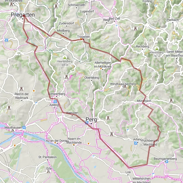 Map miniature of "Pregarten Loop" cycling inspiration in Oberösterreich, Austria. Generated by Tarmacs.app cycling route planner