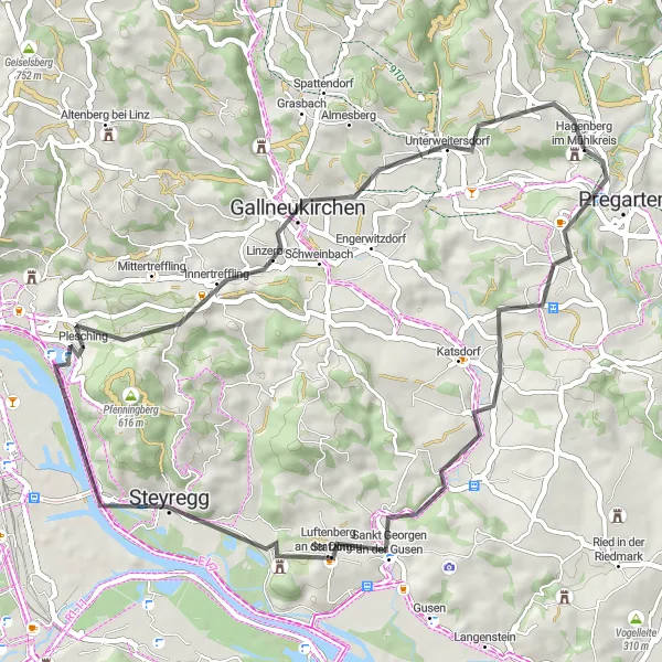 Miniatua del mapa de inspiración ciclista "Ruta de Hagenberg a Gallneukirchen y Niederaich" en Oberösterreich, Austria. Generado por Tarmacs.app planificador de rutas ciclistas
