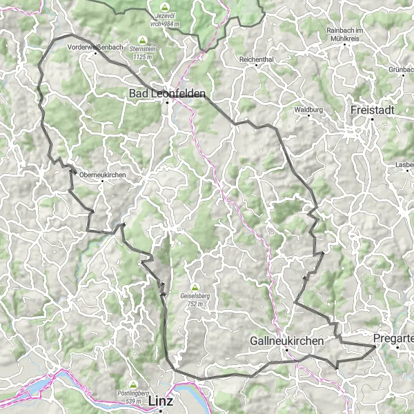 Miniatua del mapa de inspiración ciclista "Ruta de ciclismo de carretera hacia Engerwitzdorf y más allá" en Oberösterreich, Austria. Generado por Tarmacs.app planificador de rutas ciclistas