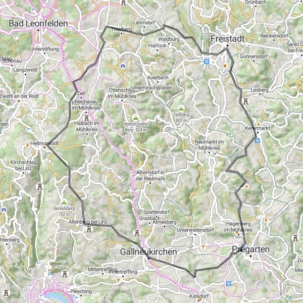 Miniaturní mapa "Okružní cyklistická trasa kolem Hagenbergu im Mühlkreis" inspirace pro cyklisty v oblasti Oberösterreich, Austria. Vytvořeno pomocí plánovače tras Tarmacs.app