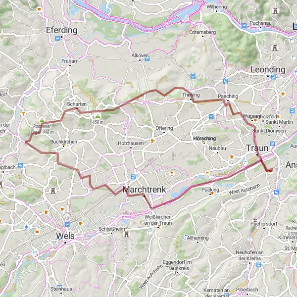 Map miniature of "Pucking and Marchtrenk Gravel Adventure" cycling inspiration in Oberösterreich, Austria. Generated by Tarmacs.app cycling route planner