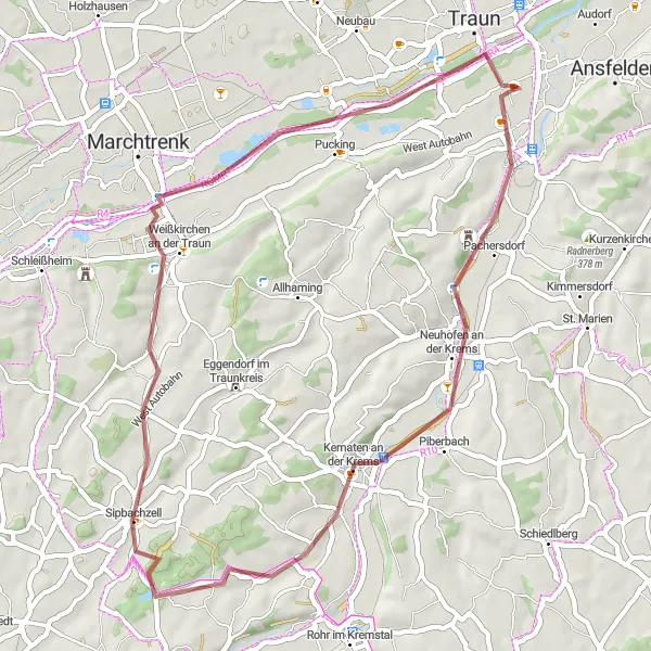 Miniatura della mappa di ispirazione al ciclismo "Giro in bicicletta attraverso i vulcani sonori" nella regione di Oberösterreich, Austria. Generata da Tarmacs.app, pianificatore di rotte ciclistiche