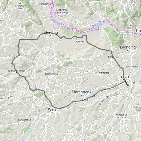 Miniatua del mapa de inspiración ciclista "Ruta de ciclismo hacia Eferding" en Oberösterreich, Austria. Generado por Tarmacs.app planificador de rutas ciclistas