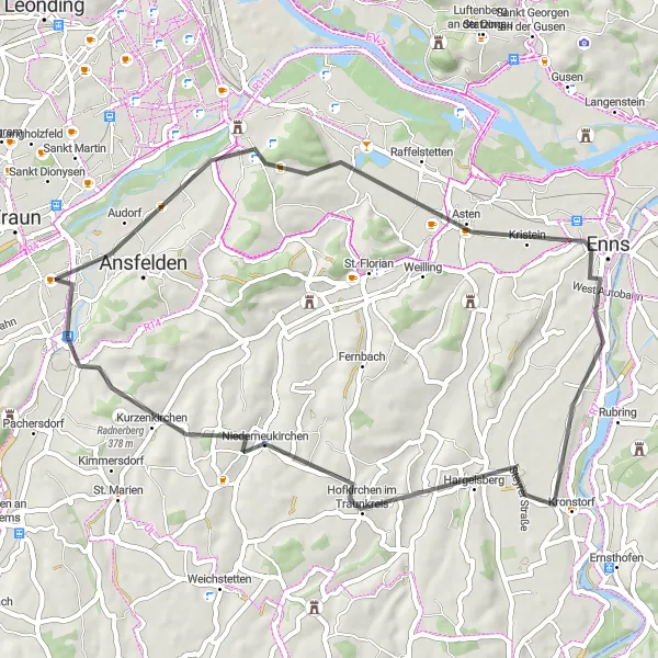 Map miniature of "Ebelsberg and Niederneukirchen Loop" cycling inspiration in Oberösterreich, Austria. Generated by Tarmacs.app cycling route planner