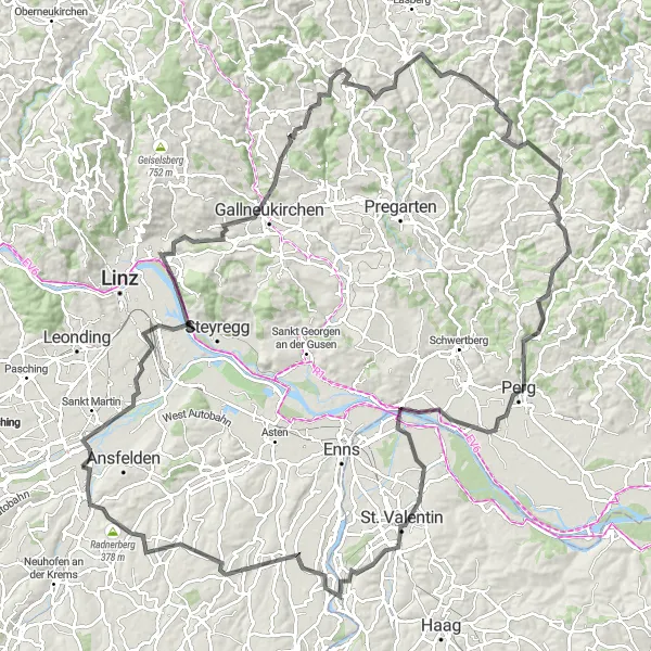 Miniature de la carte de l'inspiration cycliste "Les collines de Mühlviertel road cycling" dans la Oberösterreich, Austria. Générée par le planificateur d'itinéraire cycliste Tarmacs.app