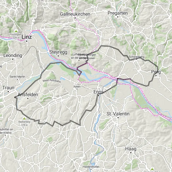 Map miniature of "The Danube Loop" cycling inspiration in Oberösterreich, Austria. Generated by Tarmacs.app cycling route planner