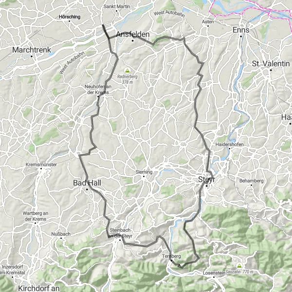 Map miniature of "Ansfelden and Garsten Adventure" cycling inspiration in Oberösterreich, Austria. Generated by Tarmacs.app cycling route planner