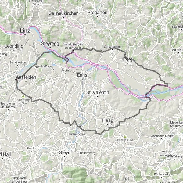 Zemljevid v pomanjšavi "Razgibano kolesarjenje okoli Donave" kolesarske inspiracije v Oberösterreich, Austria. Generirano z načrtovalcem kolesarskih poti Tarmacs.app