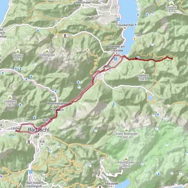 Zemljevid v pomanjšavi "Gravel Pot do Bad Ischla" kolesarske inspiracije v Oberösterreich, Austria. Generirano z načrtovalcem kolesarskih poti Tarmacs.app