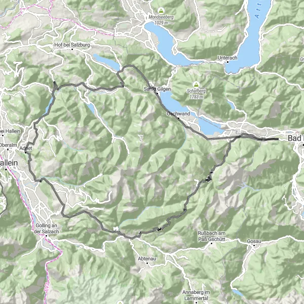 Miniatua del mapa de inspiración ciclista "Ruta en carretera a Fuschl am See y Adnet" en Oberösterreich, Austria. Generado por Tarmacs.app planificador de rutas ciclistas
