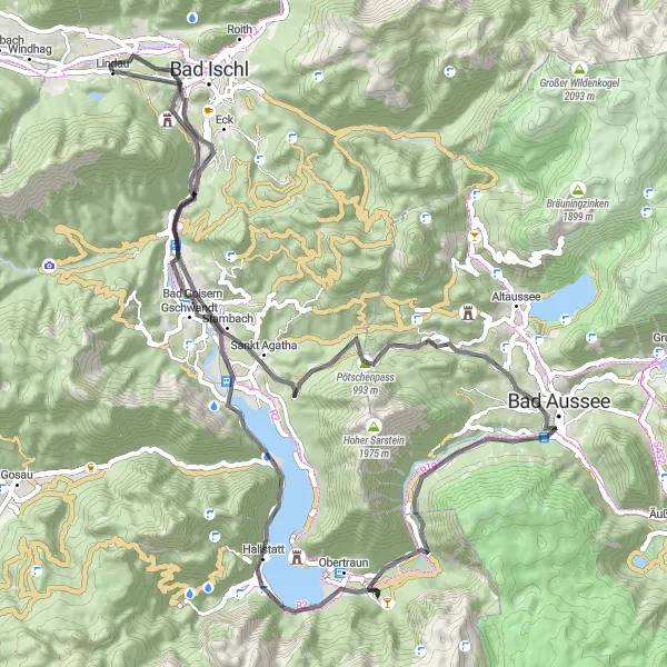 Kartminiatyr av "Utforsk Kulturelle Skatter ved Dachstein" sykkelinspirasjon i Oberösterreich, Austria. Generert av Tarmacs.app sykkelrutoplanlegger
