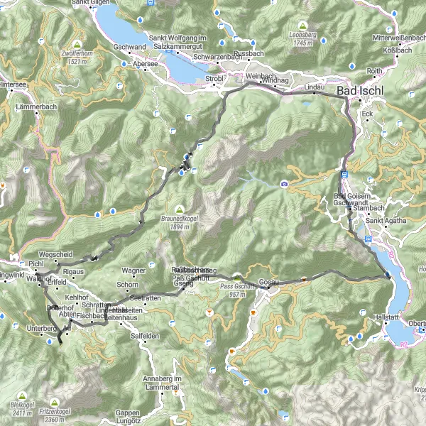 Kartminiatyr av "Sirkulær langrennstur til Salzkammergut" sykkelinspirasjon i Oberösterreich, Austria. Generert av Tarmacs.app sykkelrutoplanlegger