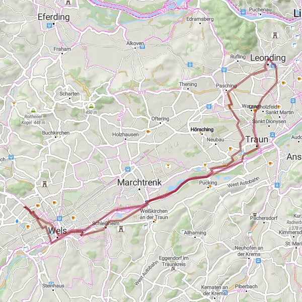 Miniaturní mapa "Kulatá okružní cyklotrasa Traun - Wels - Marienwarte" inspirace pro cyklisty v oblasti Oberösterreich, Austria. Vytvořeno pomocí plánovače tras Tarmacs.app
