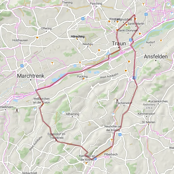 Miniatua del mapa de inspiración ciclista "Ruta de ciclismo gravel Neuhofen an der Krems-Eggendorf im Traunkreis-Traun" en Oberösterreich, Austria. Generado por Tarmacs.app planificador de rutas ciclistas