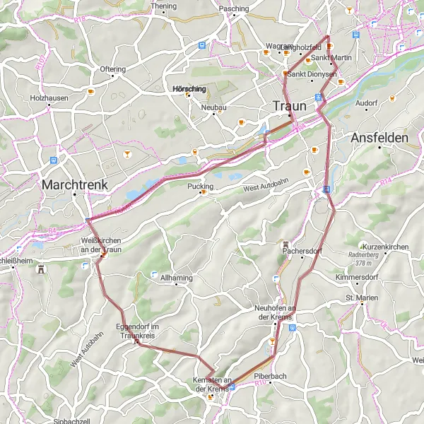 Miniaturní mapa "Okružní cyklotrasa Neuhofen an der Krems - Eggendorf im Traunkreis - Traun" inspirace pro cyklisty v oblasti Oberösterreich, Austria. Vytvořeno pomocí plánovače tras Tarmacs.app