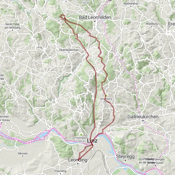 Miniaturní mapa "Náročná cyklotrasa Ars Electronica Futurelab / Roof - Linz - Schloss" inspirace pro cyklisty v oblasti Oberösterreich, Austria. Vytvořeno pomocí plánovače tras Tarmacs.app