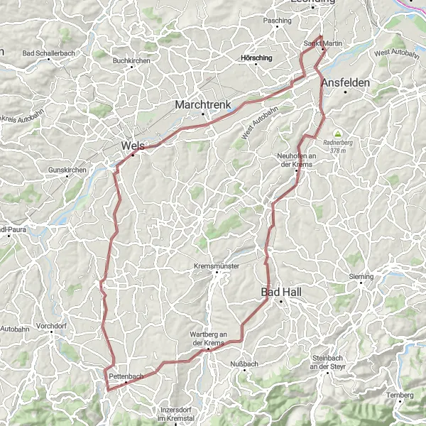 Miniature de la carte de l'inspiration cycliste "Découverte en gravier près de Hart" dans la Oberösterreich, Austria. Générée par le planificateur d'itinéraire cycliste Tarmacs.app
