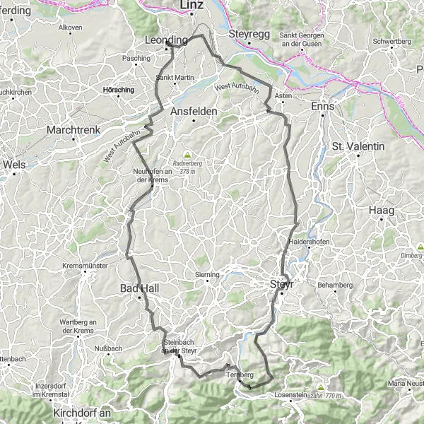 Map miniature of "The Solar-City Circuit" cycling inspiration in Oberösterreich, Austria. Generated by Tarmacs.app cycling route planner