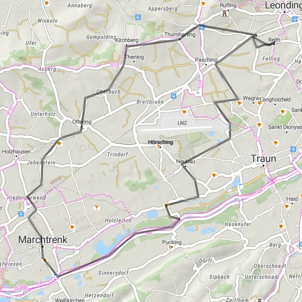Miniatua del mapa de inspiración ciclista "Ruta por Marchtrenk y Pasching" en Oberösterreich, Austria. Generado por Tarmacs.app planificador de rutas ciclistas