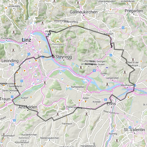 Miniatura della mappa di ispirazione al ciclismo "Giro in bicicletta di 77 km vicino a Hart" nella regione di Oberösterreich, Austria. Generata da Tarmacs.app, pianificatore di rotte ciclistiche