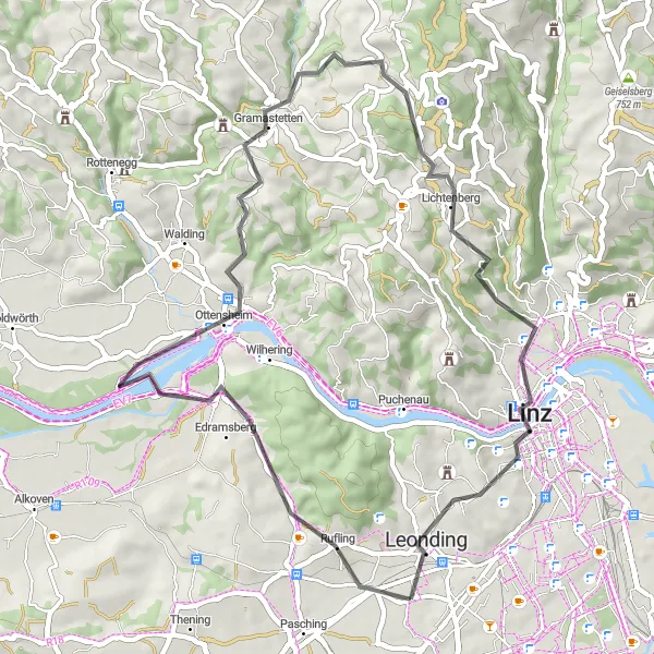 Mapa miniatúra "Cyklistická trasa Schloss Rufling - Ottensheim - Hamberg - Eidenberg - Gründberg - Leonding" cyklistická inšpirácia v Oberösterreich, Austria. Vygenerované cyklistickým plánovačom trás Tarmacs.app