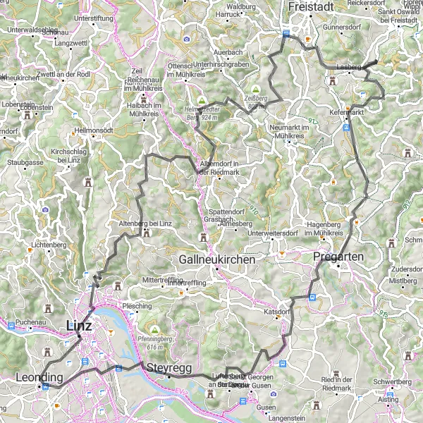 Miniaturekort af cykelinspirationen "Slotte og Landskaber" i Oberösterreich, Austria. Genereret af Tarmacs.app cykelruteplanlægger