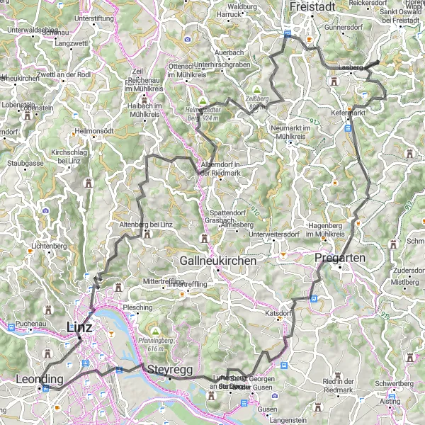 Zemljevid v pomanjšavi "Krožna kolesarska pot okoli Hart (Oberösterreich)" kolesarske inspiracije v Oberösterreich, Austria. Generirano z načrtovalcem kolesarskih poti Tarmacs.app