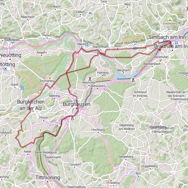 Kartminiatyr av "Grusväg genom Braunau am Inn" cykelinspiration i Oberösterreich, Austria. Genererad av Tarmacs.app cykelruttplanerare