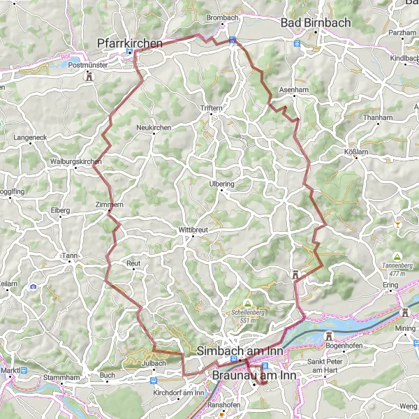 Miniature de la carte de l'inspiration cycliste "Aventure en Gravel autour de Braunau" dans la Oberösterreich, Austria. Générée par le planificateur d'itinéraire cycliste Tarmacs.app