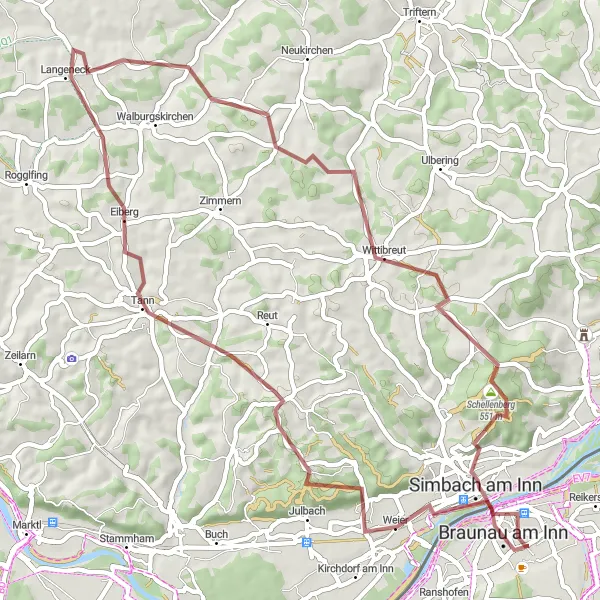 Miniatura della mappa di ispirazione al ciclismo "Giro in bicicletta attraverso Julbach e Tann" nella regione di Oberösterreich, Austria. Generata da Tarmacs.app, pianificatore di rotte ciclistiche