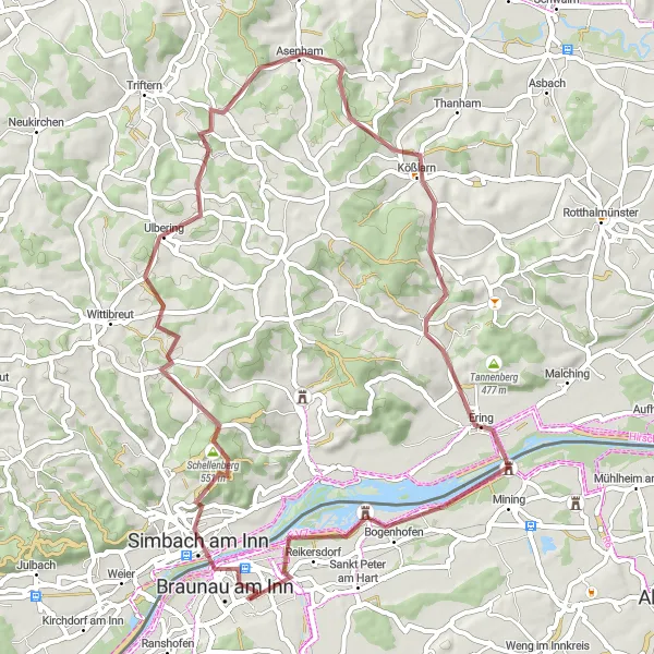 Miniatura mapy "Krótka trasa gravelowa z Haselbach do Schloss Hagenau" - trasy rowerowej w Oberösterreich, Austria. Wygenerowane przez planer tras rowerowych Tarmacs.app