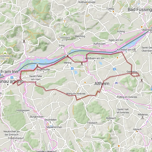 Mapa miniatúra "Gravel Cycle Route to Sankt Peter am Hart" cyklistická inšpirácia v Oberösterreich, Austria. Vygenerované cyklistickým plánovačom trás Tarmacs.app